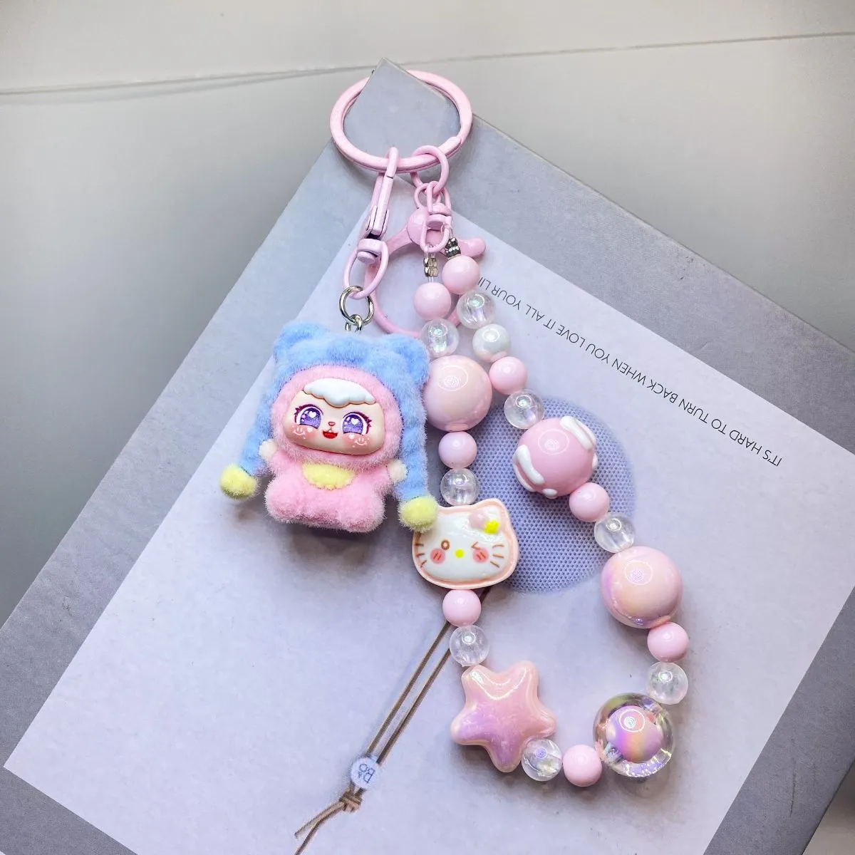 Flocked Labubu Plush Figure Keychain – Adorable Cartoon Beaded Charm, Trendy Bag Chain Pendant & Gift for Collectors